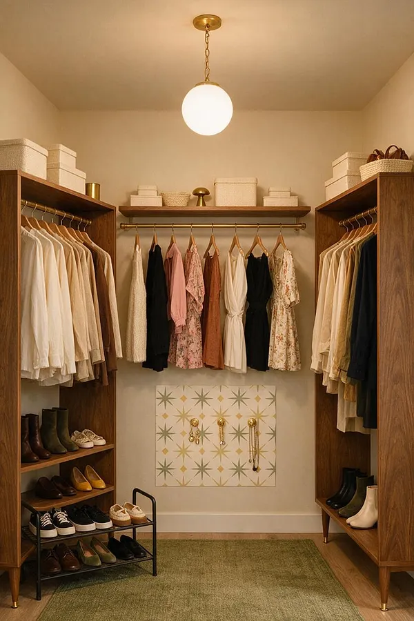 A compact walk-in closet with walnut wood built-ins on both sides, hanging clothes arranged by color, and shelves filled with shoes and storage boxes. A round globe pendant light, brass hardware, and a patterned wall panel add mid-century modern character.