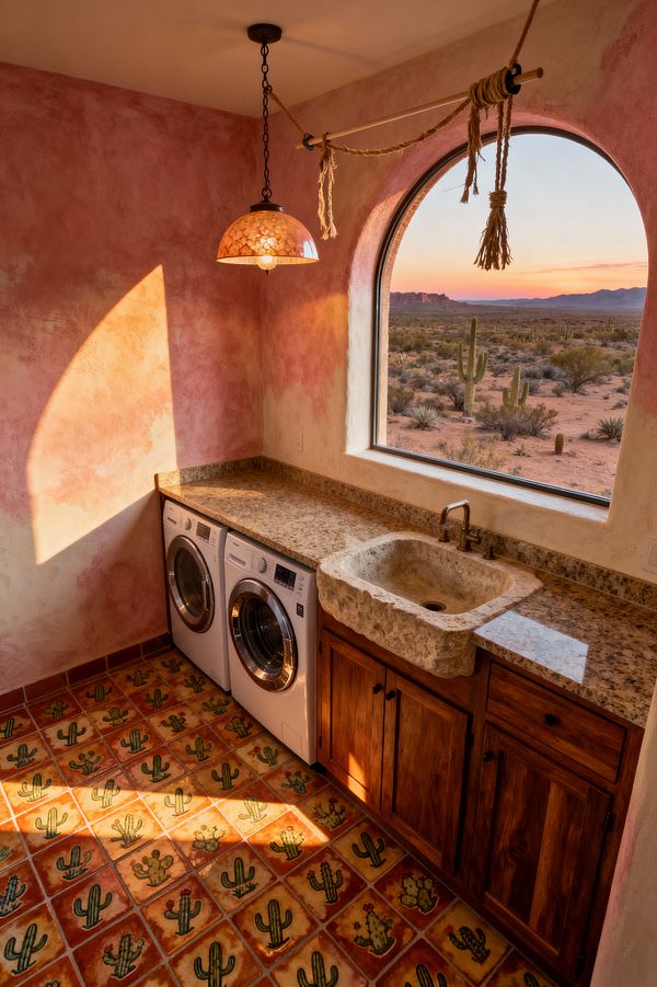 A compact Southwestern laundry room features a front-loading washer and dryer beneath a speckled tan granite countertop and a chiseled limestone apron-front sink set in warm knotty wood cabinets. Sun-burnished pink plaster walls, a large arched window overlooking a cactus-dotted desert at sunset, a rope-slung drying rod, an oil-rubbed bronze faucet, a dome pendant with amber mosaic tones, and hand-painted terracotta tiles patterned with green cacti complete the space.
