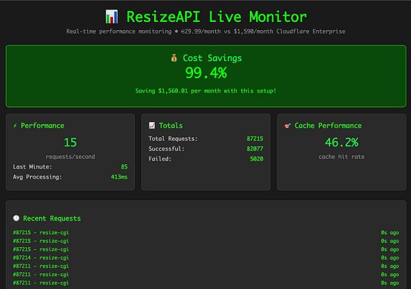 The image displays a live performance monitoring dashboard for ResizeAPI, highlighting key metrics and statistics.