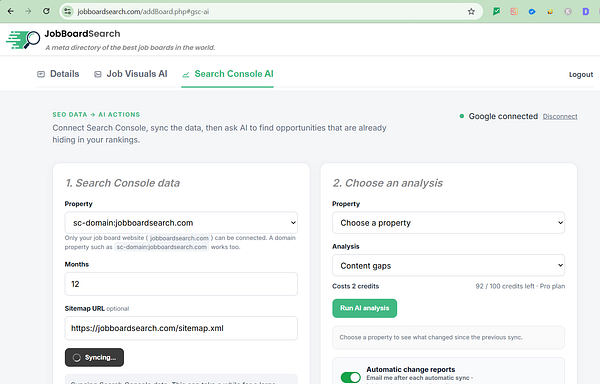 Web interface of JobBoardSearch showing Search Console AI section with options to sync data and run AI analysis on job board SEO data.