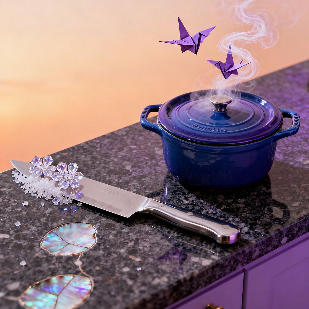 A surreal kitchen vignette features a polished black-speckled stone countertop holding a cobalt blue Dutch oven that releases curling steam while two purple origami cranes hover above. A stainless steel chef’s knife rests nearby with rock salt granules and two faceted crystal snowflake ornaments on its blade. Iridescent, leaf-shaped mother-of-pearl inlays shimmer within the counter. Lavender cabinetry with brass knobs sits below, and the scene glows with purple light against a warm peach background.