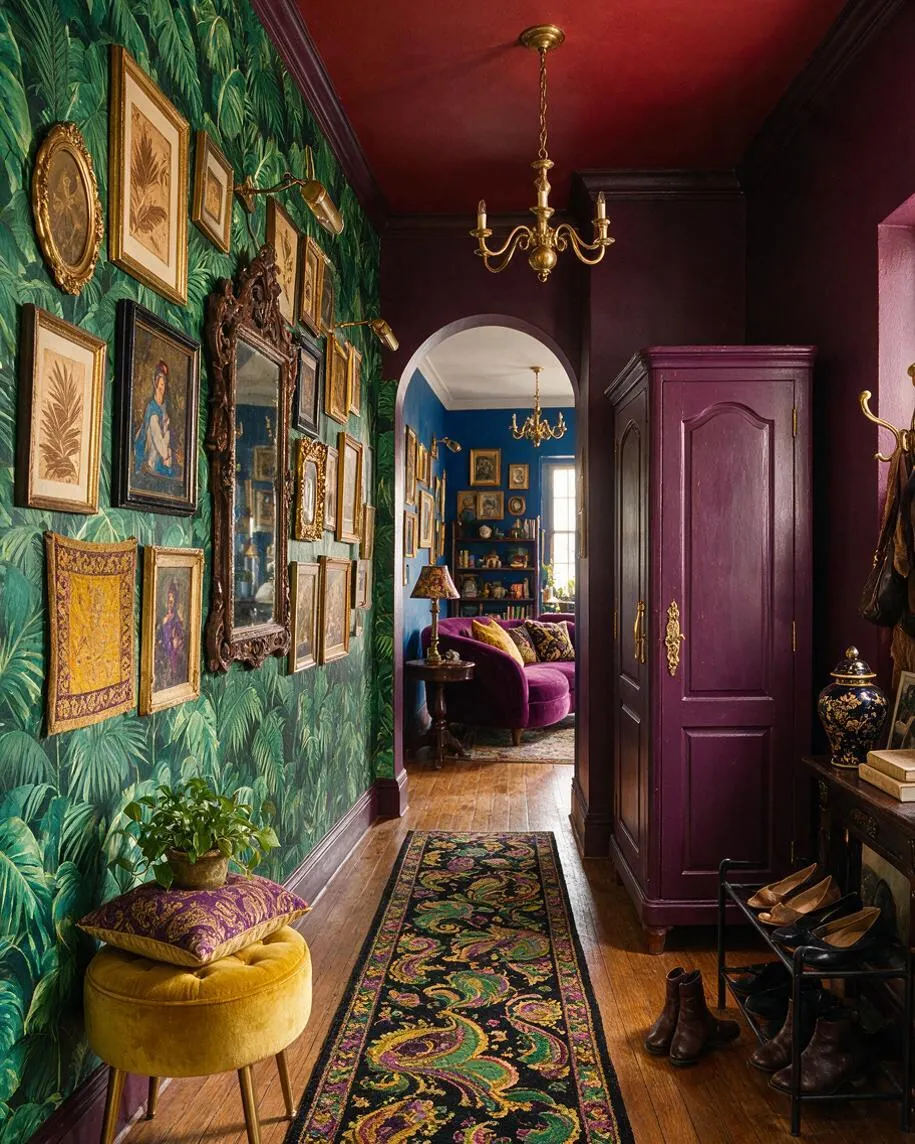 A maximalist entryway with bold green palm-pattern wallpaper, a gallery of framed artwork, and a deep purple wardrobe. A patterned runner rug leads toward an arched opening into a blue sitting room, while gold lighting, velvet seating, and layered decor create a richly detailed look.