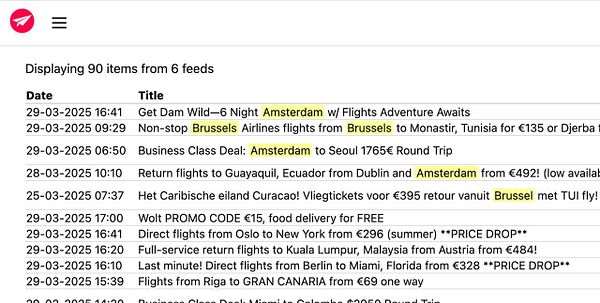 The image displays a feed reader interface showing various travel deals and flight information.