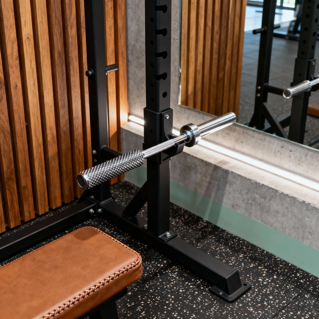 Close-up of a modern home gym setup: a matte black steel rack holds a chrome barbell with knurled grip above a narrow bench upholstered in cognac leather with whipstitch edging. Behind it, vertical wood slats warm the wall next to a large mirror in a concrete surround with a recessed linear LED; the floor is black speckled rubber and a muted green band runs beneath the mirror.