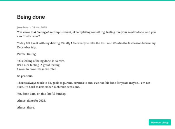 A reflective blog post titled 'Being done' discusses feelings of accomplishment and readiness.