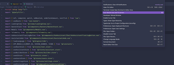 The image displays a code editor interface showing a Vue.js component file alongside a dropdown menu with various options.
