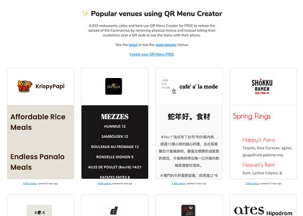 The image displays a webpage showcasing popular venues using the QR Menu Creator.