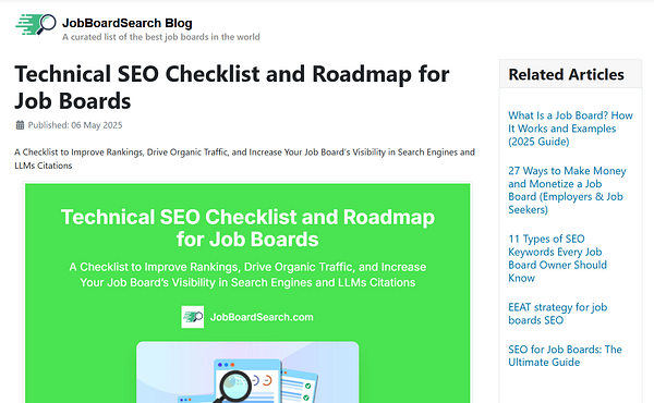 The image displays a blog post titled 'Technical SEO Checklist and Roadmap for Job Boards'.