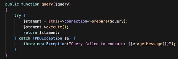 A code snippet demonstrating a PDO query function in PHP.