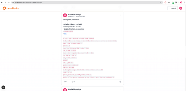A code snippet is displayed in a community post on a platform called LaunchIgniter.