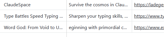 A table displaying a list of submitted games with their descriptions and links.