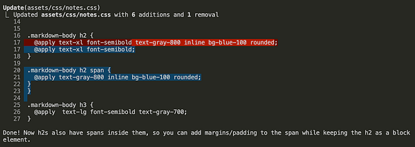 The image displays a code snippet from a CSS file with specific updates and styling rules.
