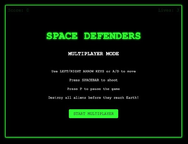 The image displays a game interface for a multiplayer mode of 'Space Defenders'.