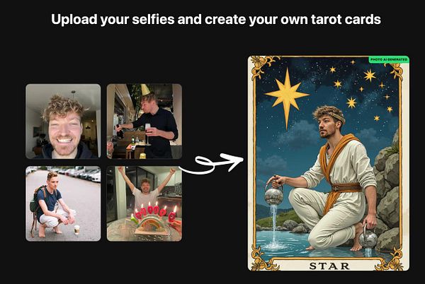 The image features a collage of selfies alongside a tarot card illustration.