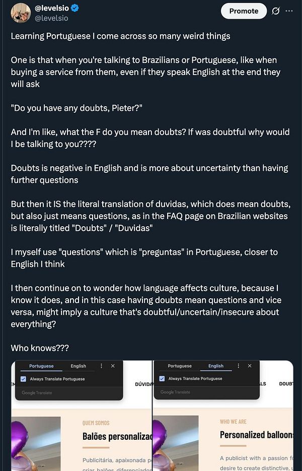 The image features a tweet discussing the nuances of the Portuguese word 'duvidas' and its implications in language and culture.