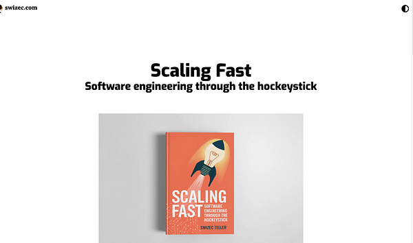 The image features the book 'Scaling Fast' by Swizec Teller, prominently displayed against a clean background.