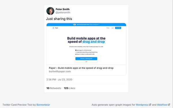 A Twitter post sharing a preview of a web page for a mobile app development tool called Paper.