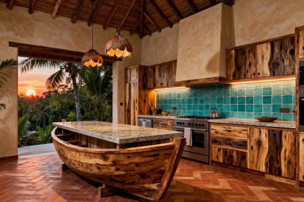 Open-air tropical kitchen with a vaulted palm-thatch ceiling, sandy plaster walls, and terracotta herringbone floor. Knotty reclaimed wood cabinets and a boat-shaped wood island with a granite countertop face a range and stainless appliances, backed by square turquoise glazed tile and warm under-cabinet lighting; woven palm pendants hang overhead, and a wide opening frames sunset light and palm trees just beyond, bringing the outdoors into the workspace.