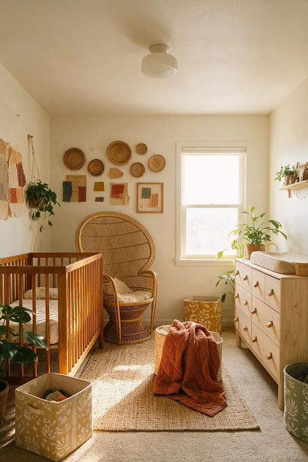 A cozy bohemian nursery with a wooden crib, a woven rattan chair, and a light wood dresser beside a bright window. The room is styled with hanging plants, woven wall baskets, neutral rugs, patterned storage bins, and warm earthy accents.