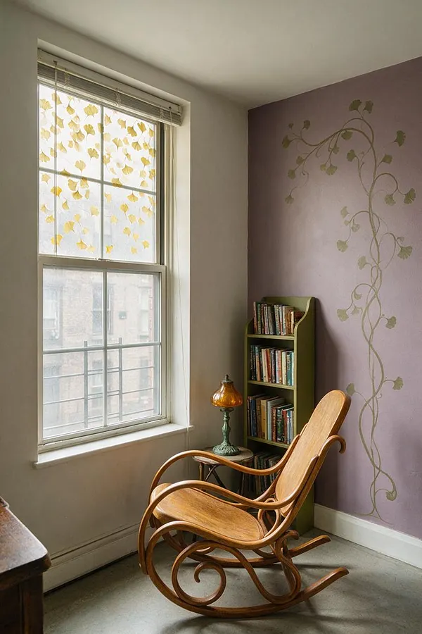 A sunroom corner with a large window covered in leaf-patterned sheer film, a lavender wall painted with a climbing vine mural, a small green bookshelf filled with books, and a curving wooden rocking chair. Natural light softens the room's muted tones and organic lines.