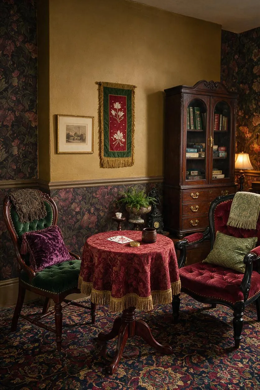 A Victorian-style game room with a small round table draped in red velvet fabric, two ornate upholstered armchairs, and a dark wood cabinet filled with books and games. Floral wallpaper, a patterned carpet, brass accents, and warm lamplight create a cozy, old-world atmosphere.