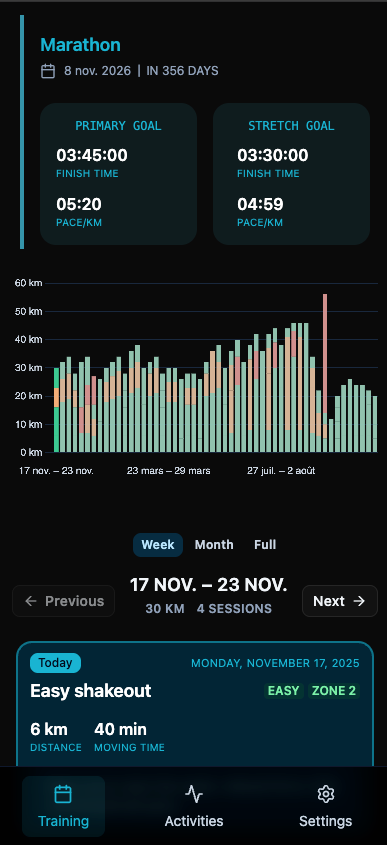 The image displays a training schedule and progress tracker for a marathon preparation app.