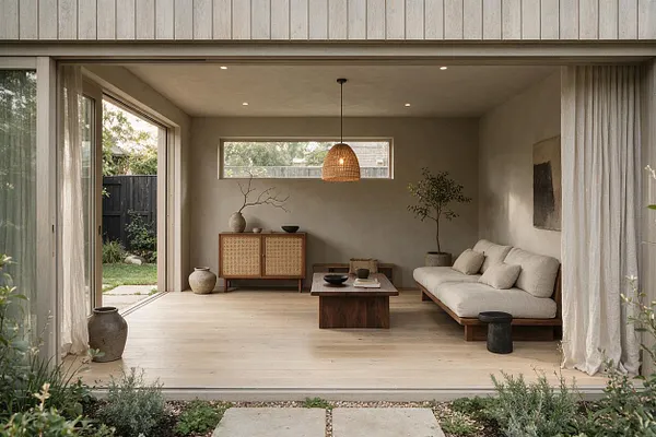 An open backyard lounge with light wood floors, neutral plaster walls, and a low wooden sofa with cream cushions. A woven pendant light, rattan-front cabinet, simple coffee table, potted trees, and sheer curtains create a calm Japandi-inspired indoor-outdoor space.