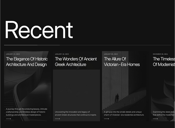 The image displays a modern web interface showcasing recent articles related to architecture.