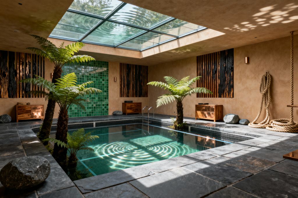 A skylit home gym centers on a square indoor pool framed by charcoal slate pavers. Sunlight pours through a large glass roof, casting ripples across emerald green zellige and warm sand-colored plaster walls. Tree ferns grow from the water’s edge, while river stones, charred wood slat panels, and low teak storage benches line the perimeter. Coiled battle ropes hang on the right, and slim metal sconces punctuate the walls, blending fitness elements with lush, biophilic textures in a calm, spa-like setting.