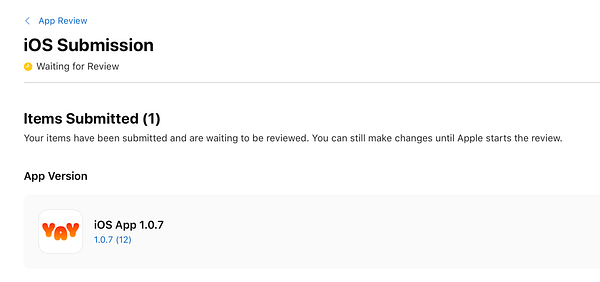 The image displays an App Store submission interface indicating the status of an app update.