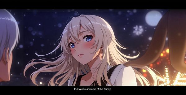 A close-up of a young woman with long, flowing hair, gazing intently at someone off-screen in a beautifully lit environment.