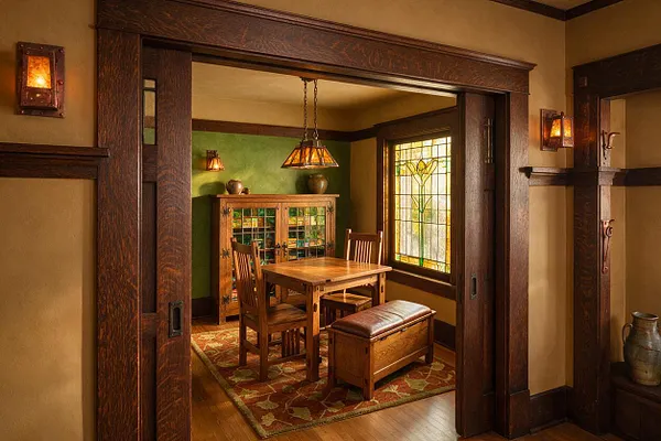 A Craftsman-style game room framed by dark wood trim and a wide opening, with a small wooden table and chairs on a patterned rug. The room features a green accent wall, a leaded-glass cabinet, a stained-glass pendant light, and a large stained-glass window bringing in warm daylight.