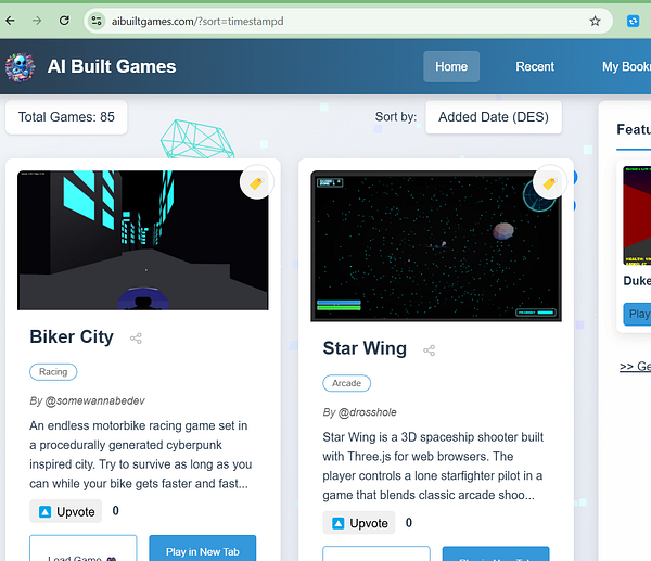 The image displays a webpage showcasing various games on the 'AI Built Games' platform.