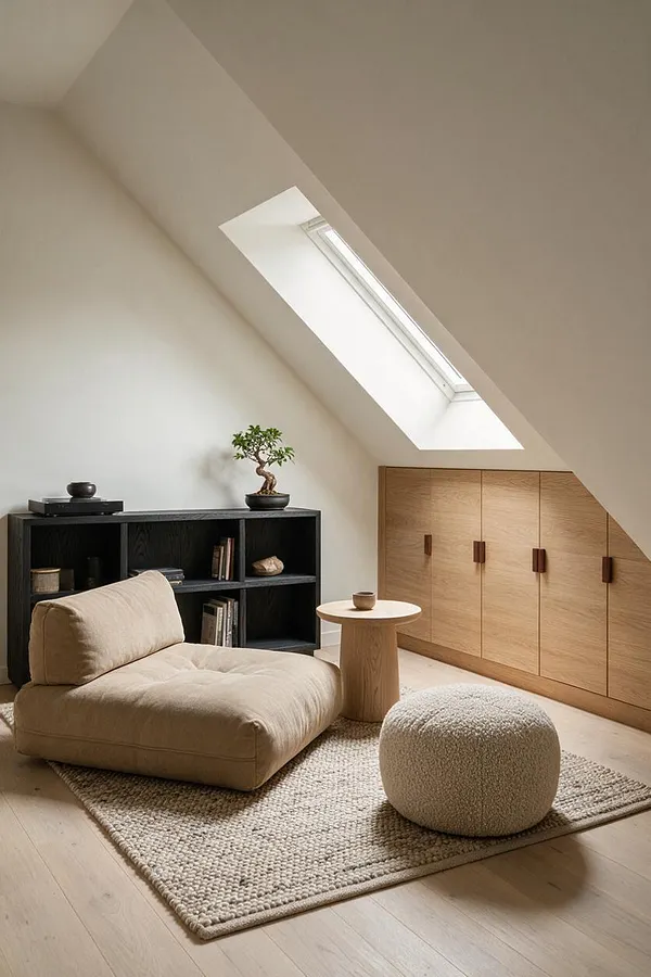 A serene Japandi media room with a sloped white ceiling and skylight, featuring a low beige floor chair, a round textured ottoman, a black open shelving unit, and light wood storage cabinets. The room uses soft natural light, pale wood floors, and a neutral palette for a calm, minimalist feel.