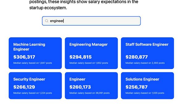 The image displays a salary search interface for various engineering positions in the startup ecosystem.