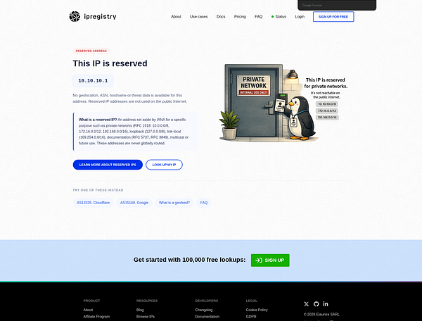 UI mockup of an IP detail page on ipregistry.co showing IPv4 information, geolocation, domain, ASN, security data, and flags for reworking public pages.