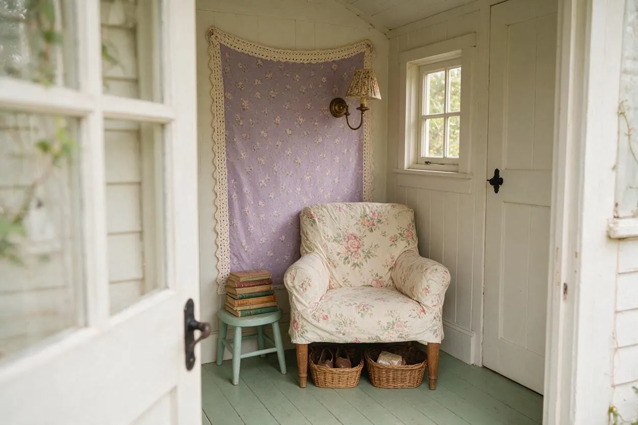 A cozy front porch nook with mint green painted floorboards, white paneled walls, and a floral upholstered armchair. A lavender fabric wall hanging with crocheted lace trim, a small stool stacked with books, wicker baskets, and a brass wall sconce create a quaint cottagecore atmosphere.