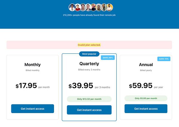 Screenshot of a web interface showing a bug related to signing up for a yearly plan, displaying a signup pricing section with an error message and layout details.