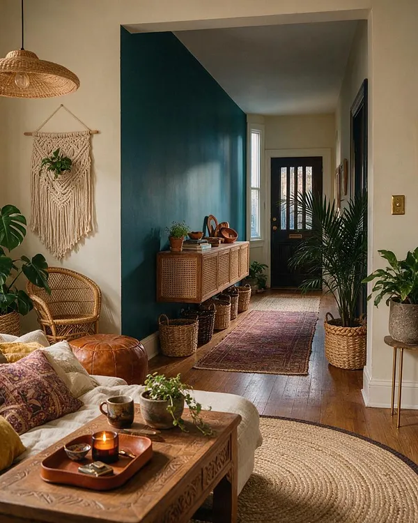 A bohemian entryway with a deep teal accent wall, a woven pendant light, macramé wall hanging, and a cane-front console with baskets below. The hallway is layered with natural textures, potted plants, a vintage-style runner, and warm wood flooring leading to a black front door.