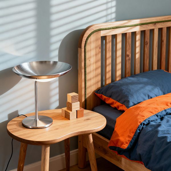 Close-up of a mid-century style kids’ room shows a light natural wood slatted bed with rounded headboard edged by green cord. A navy duvet with a bright orange border and matching pillow sits neatly on the mattress. To the left, a small kidney-shaped wooden side table holds a brushed metal saucer lamp and a stack of small wooden blocks. Sunlight filters through window blinds, casting striped shadows across the pale blue wall, the table, and the bed.