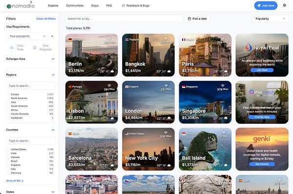 The image displays a grid of various cities with information relevant to digital nomads, including costs and internet speeds.