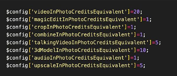 The image displays a code snippet defining credit values for various photo-related features in a configuration file.