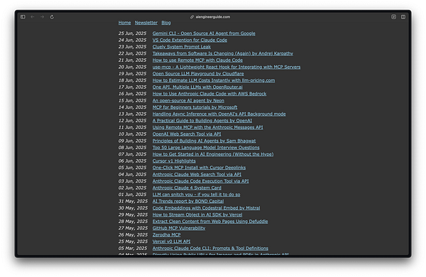 A list of blog posts from a website focused on AI and programming topics.