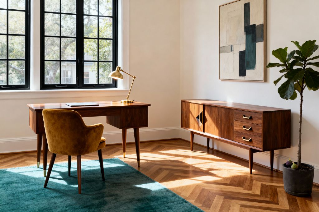 Bright home office with three tall black-trim windows illuminating a mid-century walnut desk and matching credenza, a mustard velvet chair on a deep teal rug, and herringbone oak floors. Brass lamp and pulls, abstract geometric art above the sideboard, and a potted fiddle-leaf fig stand against warm white walls.
