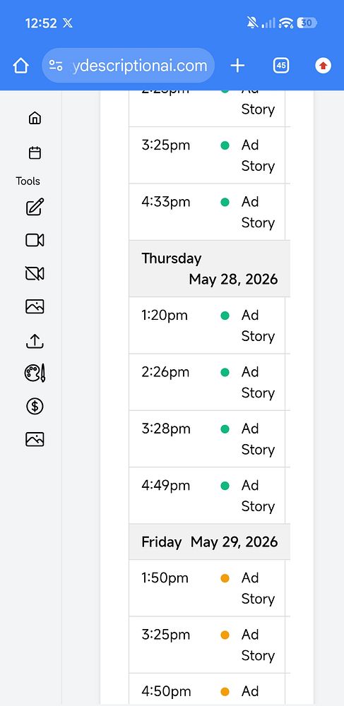 Screenshot of Instagram Stories scheduling interface on a mobile phone with multiple story cards and posting options.