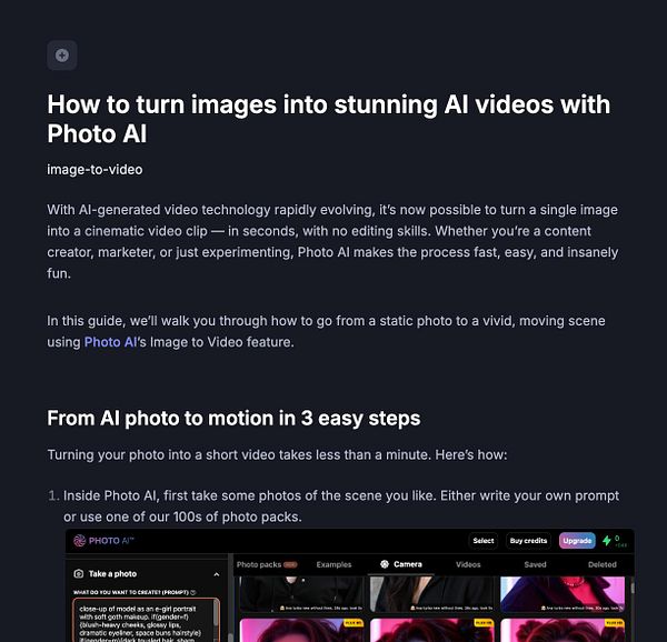 The image displays a tutorial on using Photo AI to create videos from images, featuring a user interface with various options.