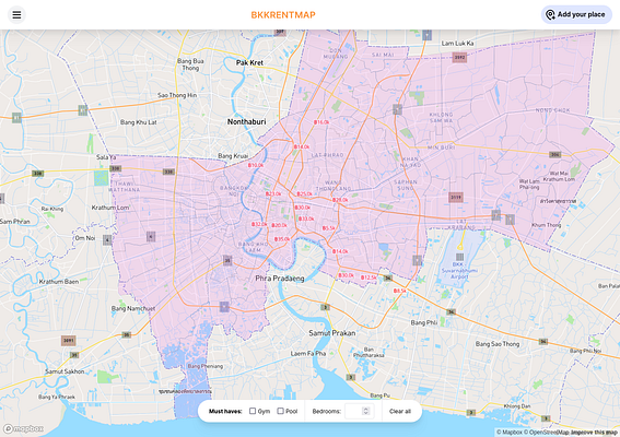 A detailed map of Bangkok with various highlighted areas and filters for property search.