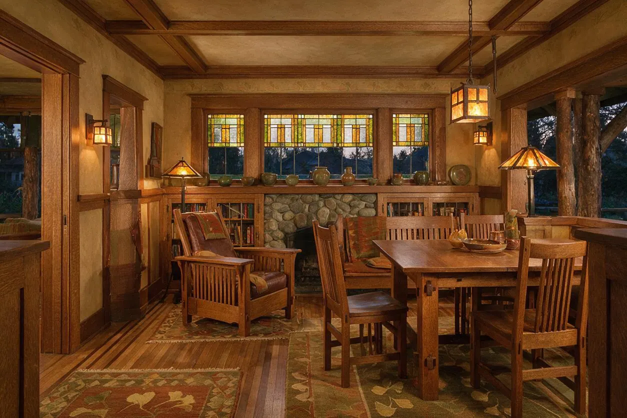 A Craftsman-style front porch furnished like a cozy outdoor room, with wood-framed chairs, a rectangular dining table, stained-glass windows, and a stone fireplace centered on the back wall. Warm wood trim, built-in shelving, patterned rugs, and amber hanging and wall lights create an inviting, handcrafted atmosphere.