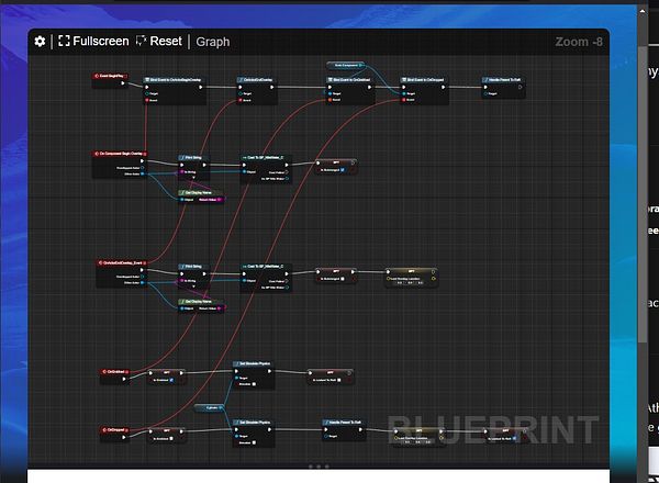 The image displays a complex blueprint graph for a physics-driven raft or rowing system in a VR environment.