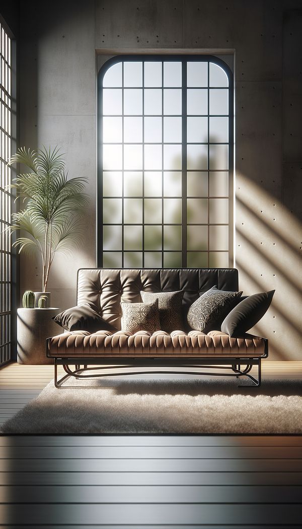 A modern living room with a stylish futon in sofa mode, featuring a metal frame and decorative pillows, with natural light filtering through the window.